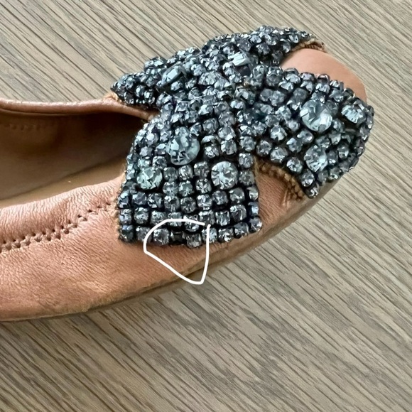 Tory Burch Eddie Rhinestone Jewel Bow Leather Slip On Ballet Flats Tan Size 5.5 - Picture 14 of 15